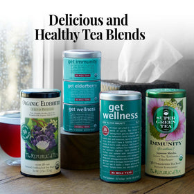 The Republic of Tea steaming cup with elderberry aroma, inviting ritual for winding down.
