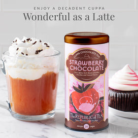 A warm cup of The Republic of Tea Strawberry Cuppa Chocolate.