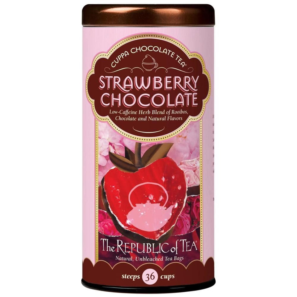 The Republic of Tea packaging for Strawberry Cuppa Chocolate tea bags.
