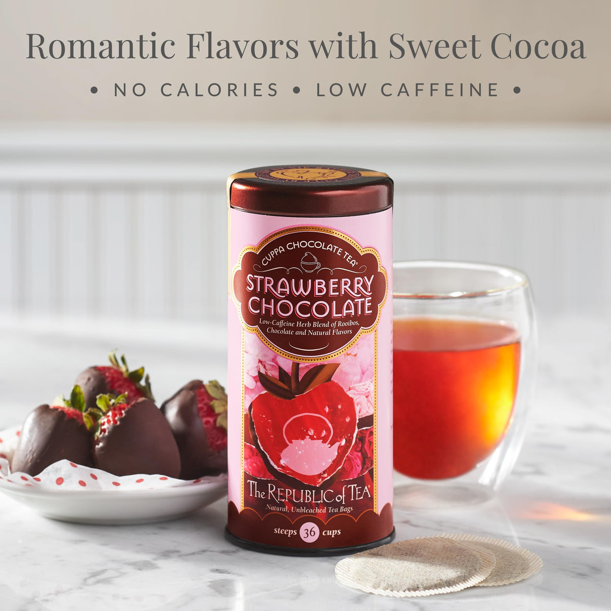 Steeping The Republic of Tea Strawberry Cuppa Chocolate tea bags releases aroma.