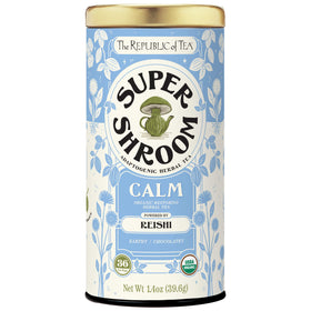 The Republic of Tea SuperShroom Calm tea bag in a reusable tin, ideal for a calming evening.