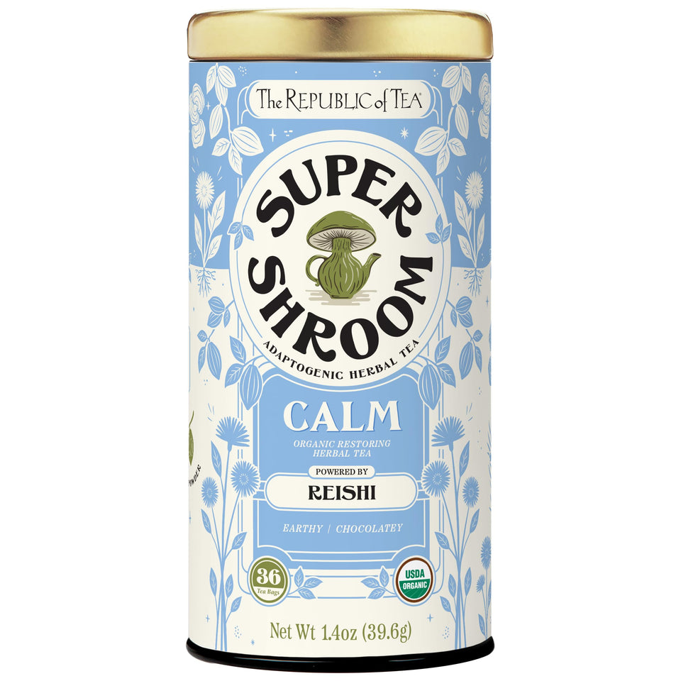 The Republic of Tea SuperShroom Calm tea bag in a reusable tin, ideal for a calming evening.