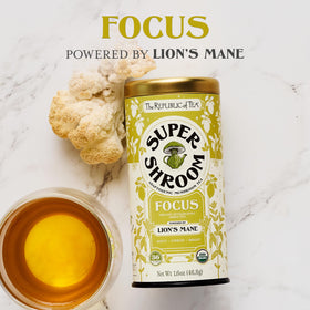 Steeping SuperShroom Focus tea to enjoy a crisp, minty cup