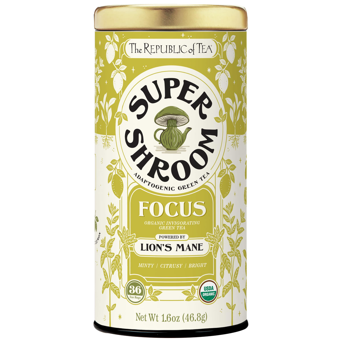 The Republic of Tea SuperShroom Focus tea bags in a reusable tin for convenient brewing