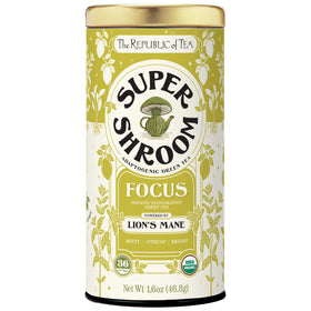 The Republic of Tea SuperShroom Focus tea bags in a reusable tin for convenient brewing