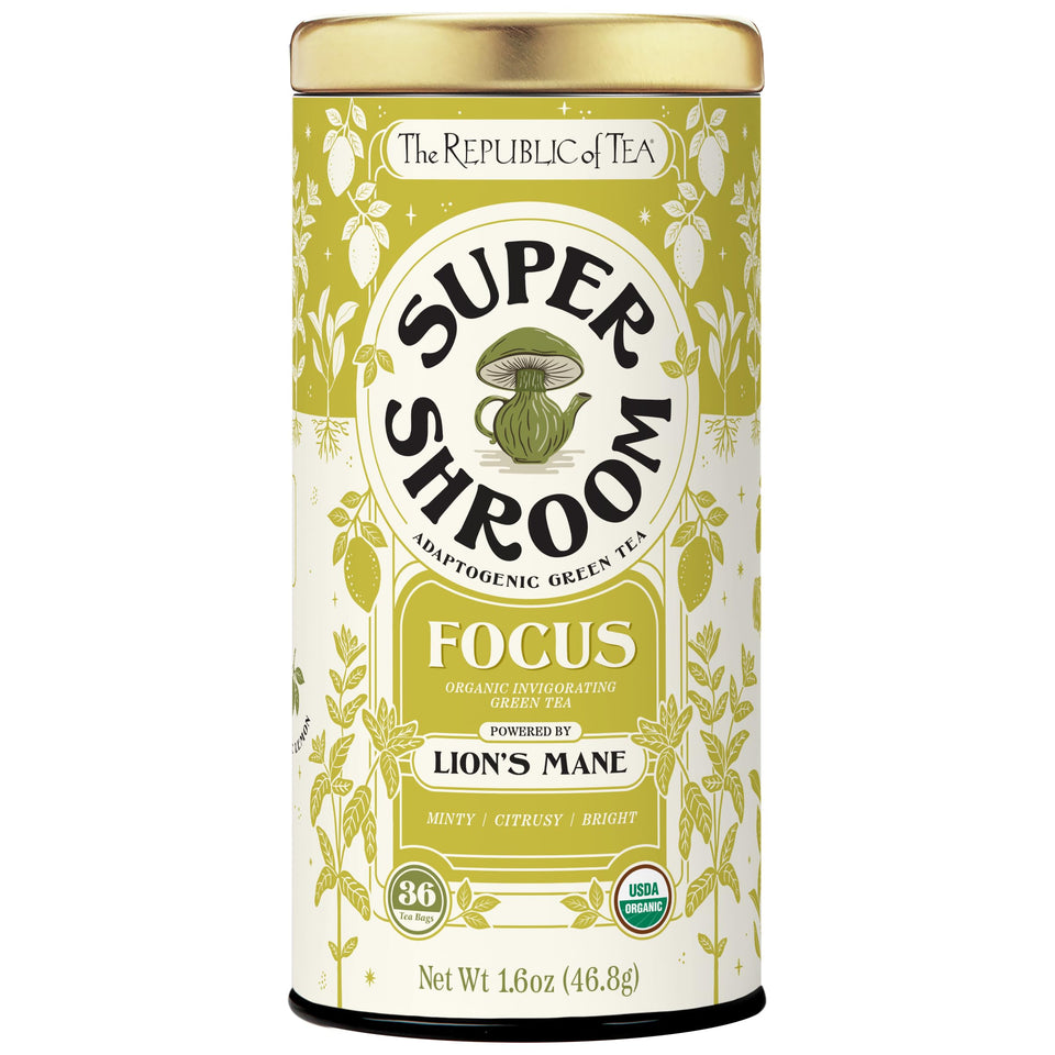 The Republic of Tea SuperShroom Focus tea bags in a reusable tin for convenient brewing
