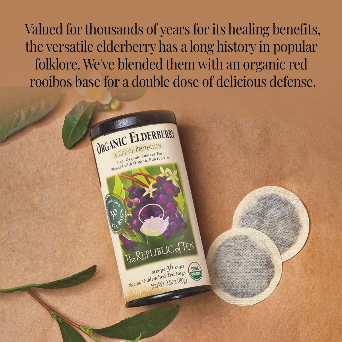 The Republic of Tea tea bag steeping in cup, easy preparation and full-bodied flavor.