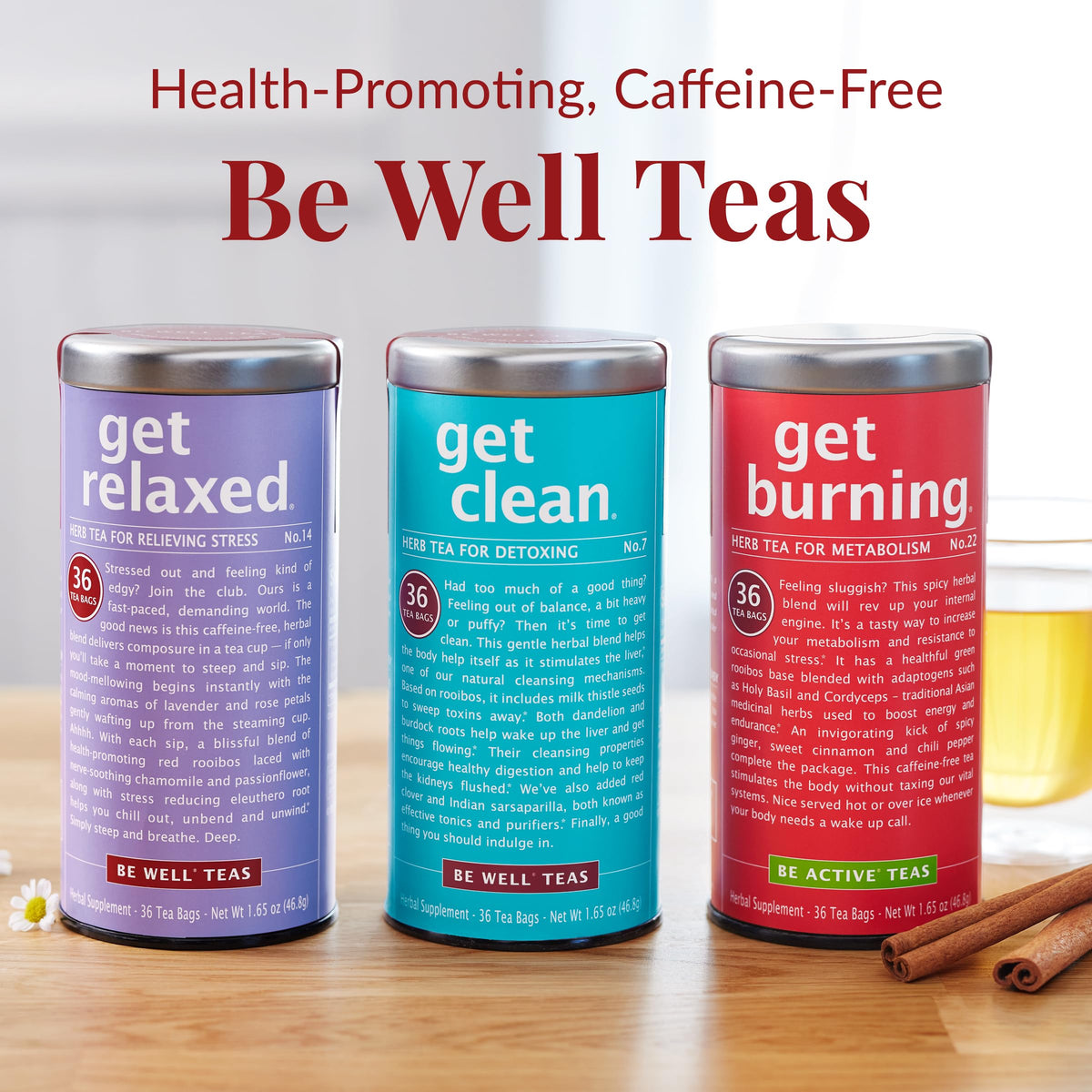 The Republic of Tea tin packaging close-up emphasizes eco-friendly design.