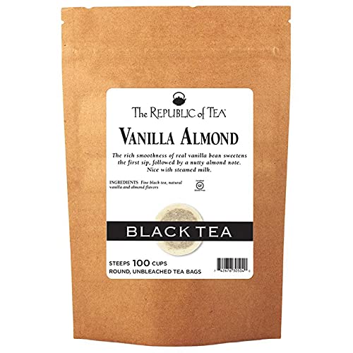 The Republic of Tea vanilla almond tea bags closeup for a dessert-like aroma.