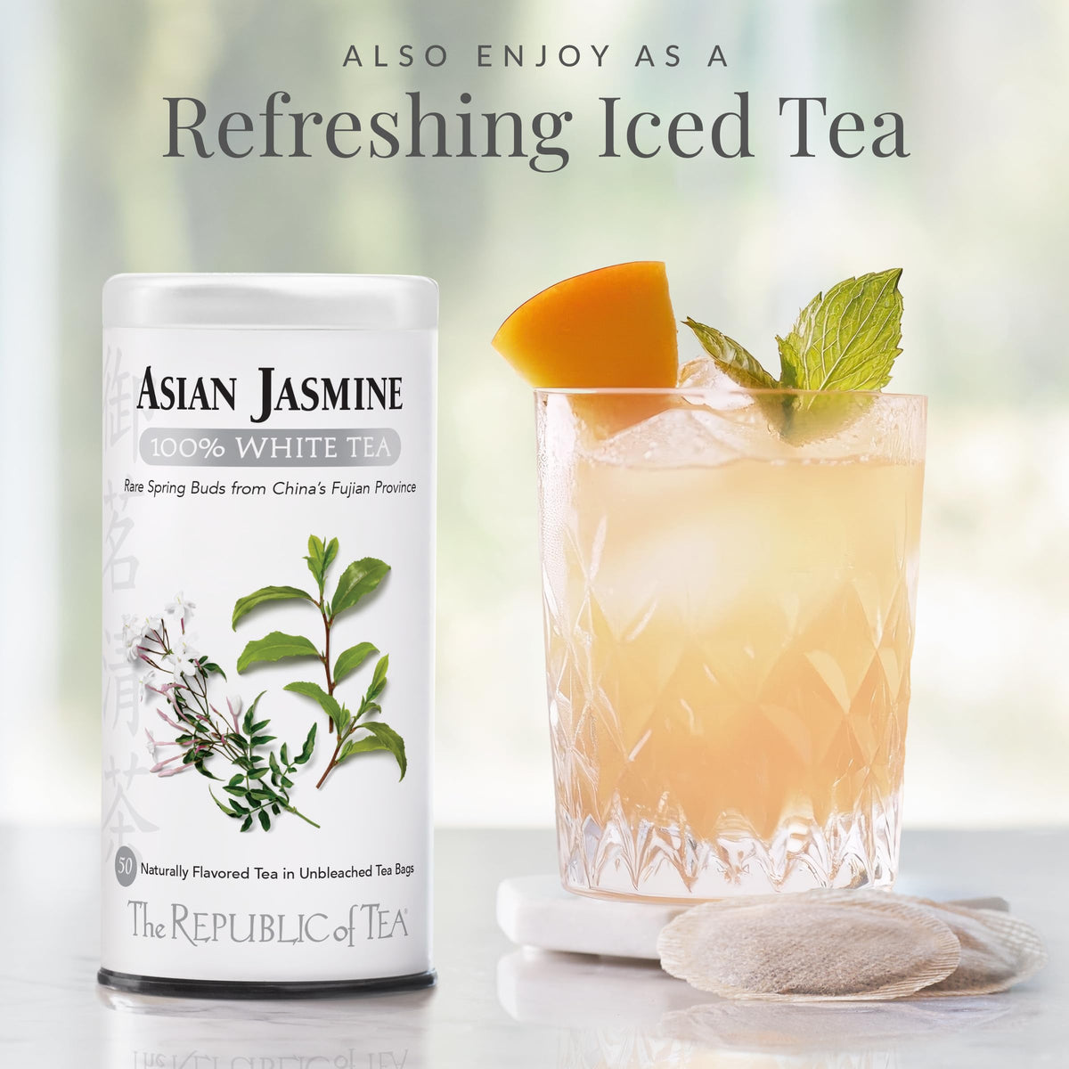 The Republic of Tea white tea and natural flavors in a sachet.