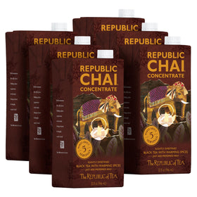 The Republic of Tea Republic Chai concentrate bottle pour, perfect for hot or iced lattes.