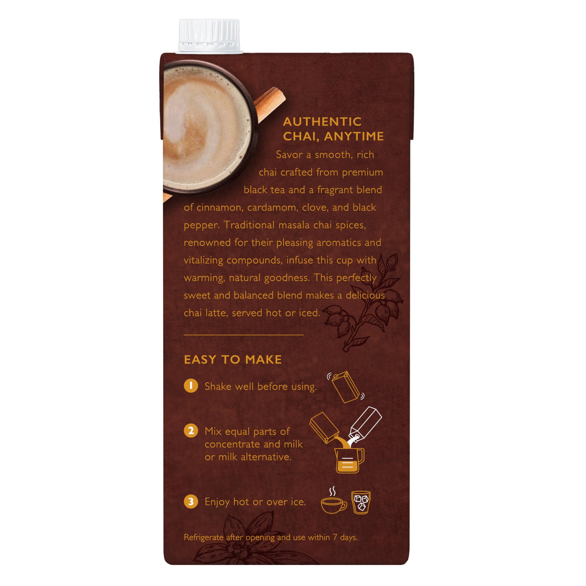 The Republic of Tea chai concentrate served hot, smooth and aromatic.