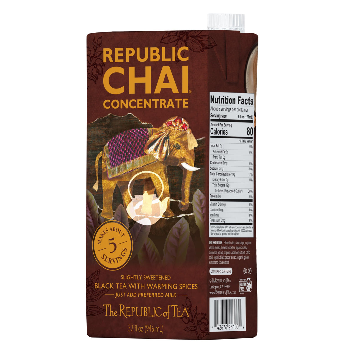 The Republic of Tea chai concentrate over ice for refreshing beverages.
