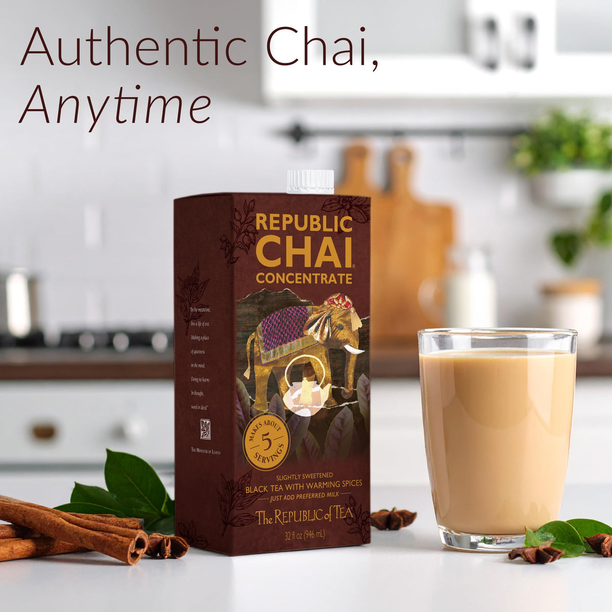 The Republic of Tea Republic Chai concentrate on the kitchen counter, ready for quick mix.