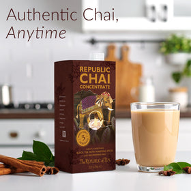 The Republic of Tea Republic Chai concentrate on the kitchen counter, ready for quick mix.