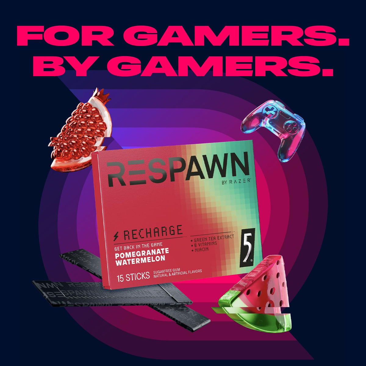 RESPAWN gum color palette reinforces brand and flavor cues for Pomegranate Watermelon.