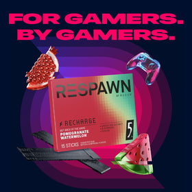 RESPAWN gum color palette reinforces brand and flavor cues for Pomegranate Watermelon.