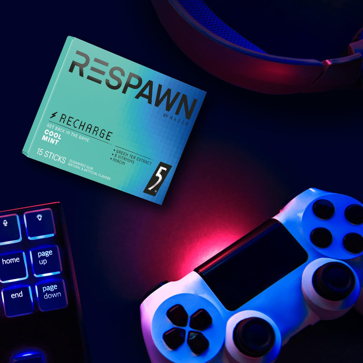 Close-up of RESPAWN energy gum highlighting vitamin enrichment for focus