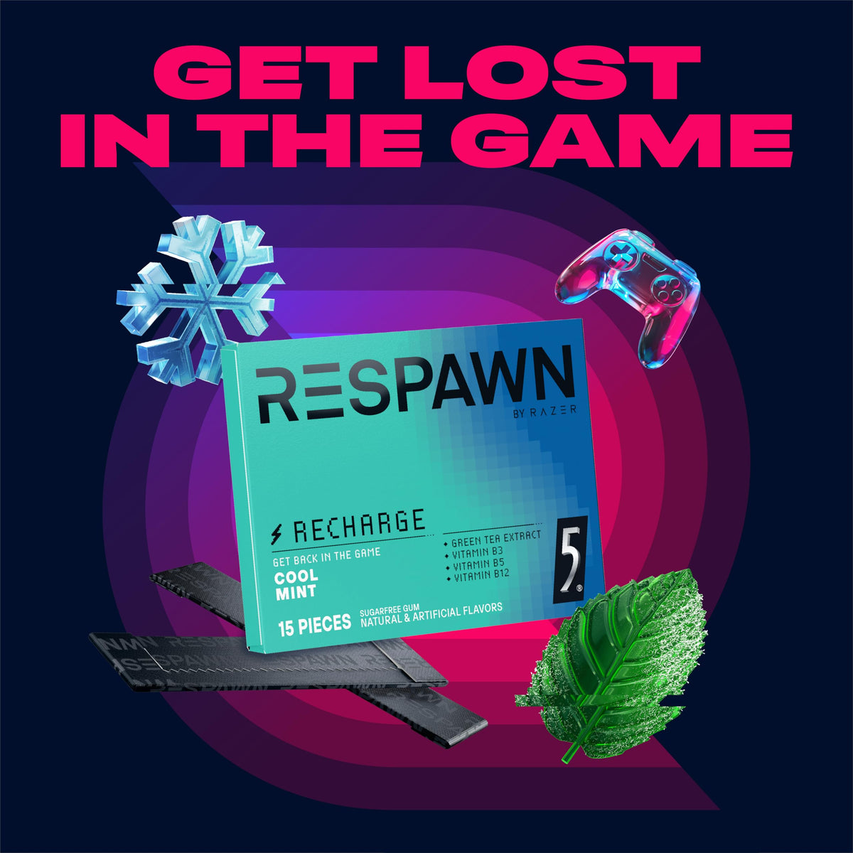 Table scene with RESPAWN gum among gaming gear for quick refresh