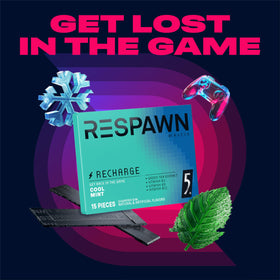 Table scene with RESPAWN gum among gaming gear for quick refresh