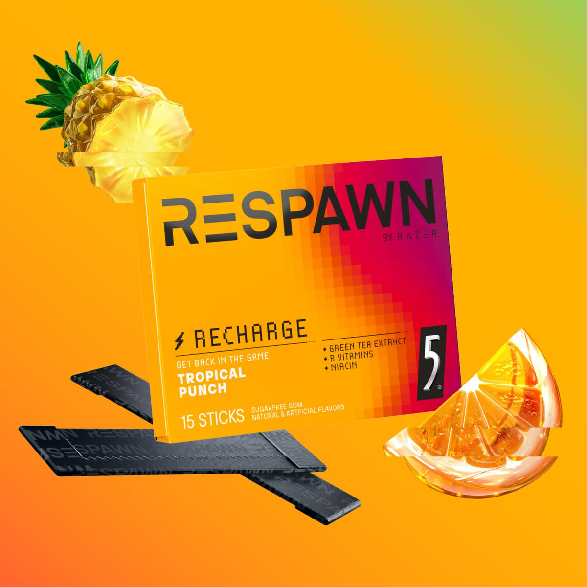 RESPAWN by Razer tropical punch gum open pack showing individual servings for portability.