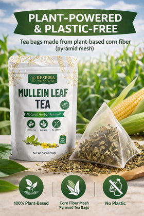 Respira Botanicals biodegradable tea bags plant fiber showcases eco-friendly brewing.