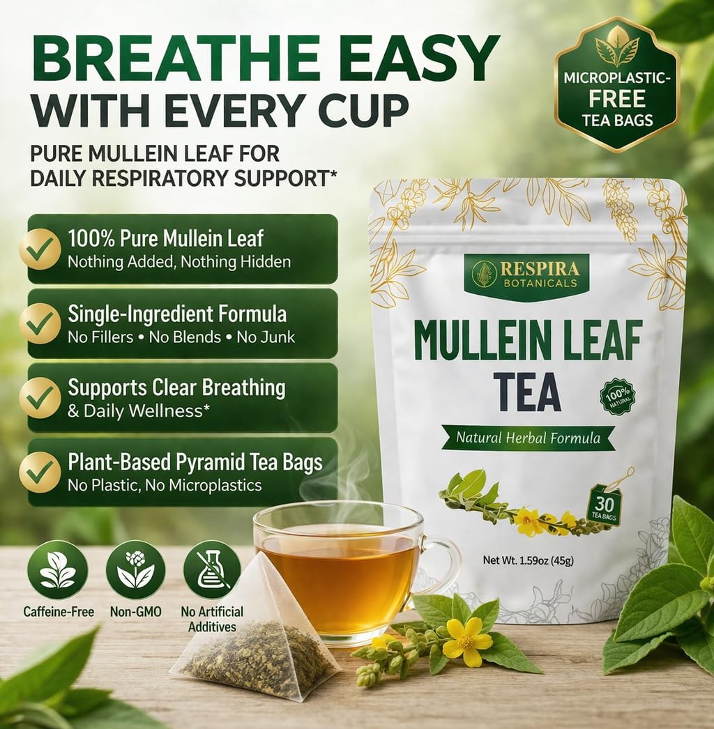 Respira Botanicals mullein tea bags closeup leaf emphasizes high-quality whole-leaf mullein.