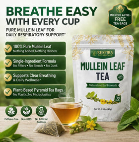 Respira Botanicals mullein tea bags closeup leaf emphasizes high-quality whole-leaf mullein.