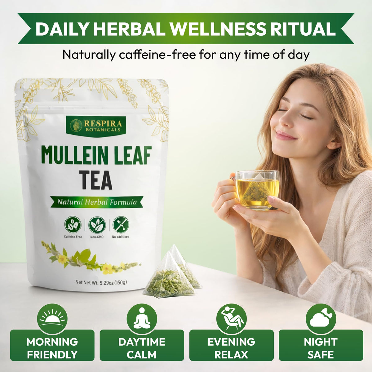 Respira Botanicals mullein tea bags ready to steep, consistently.