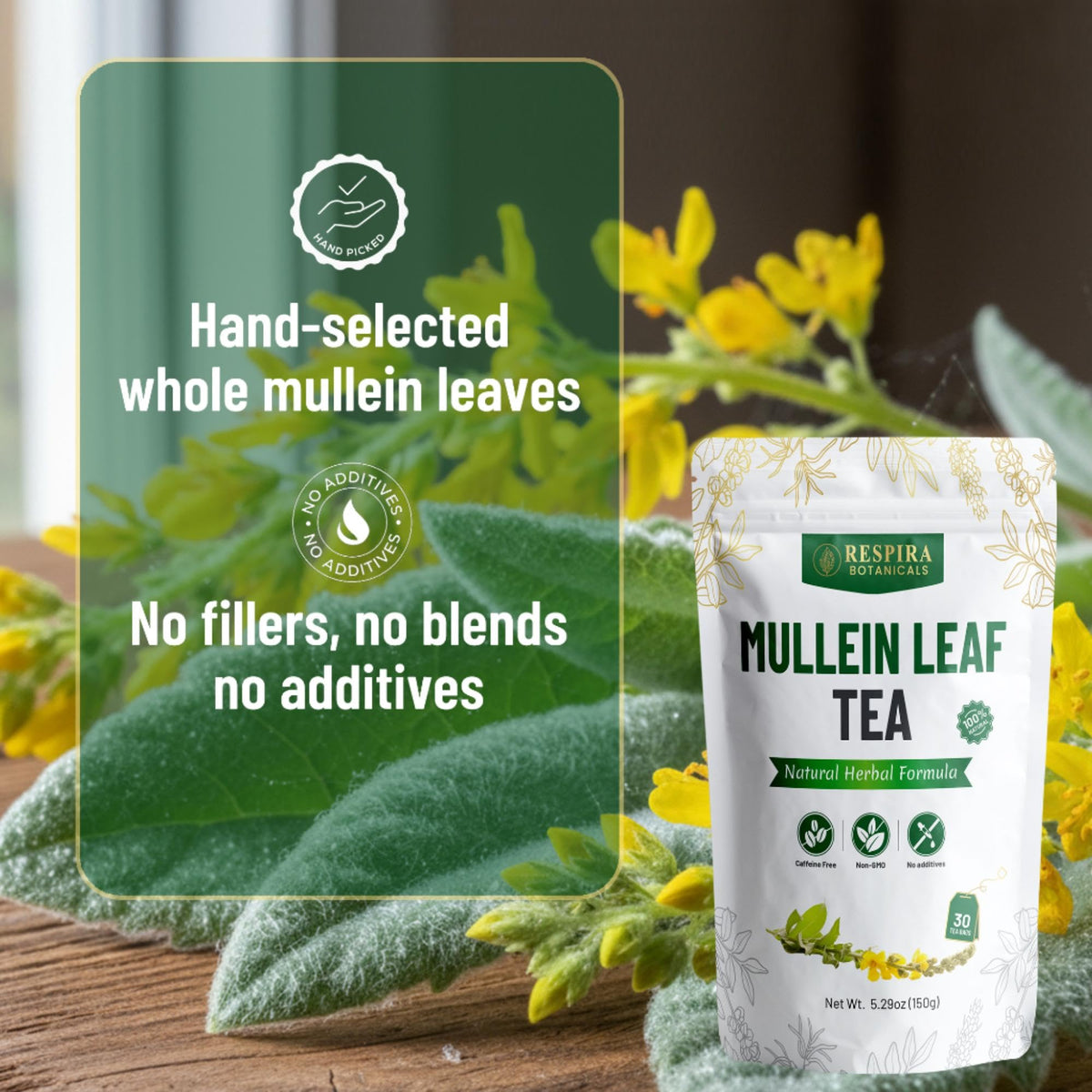 Respira Botanicals mullein tea bags loose-leaf option for a customizable cup.