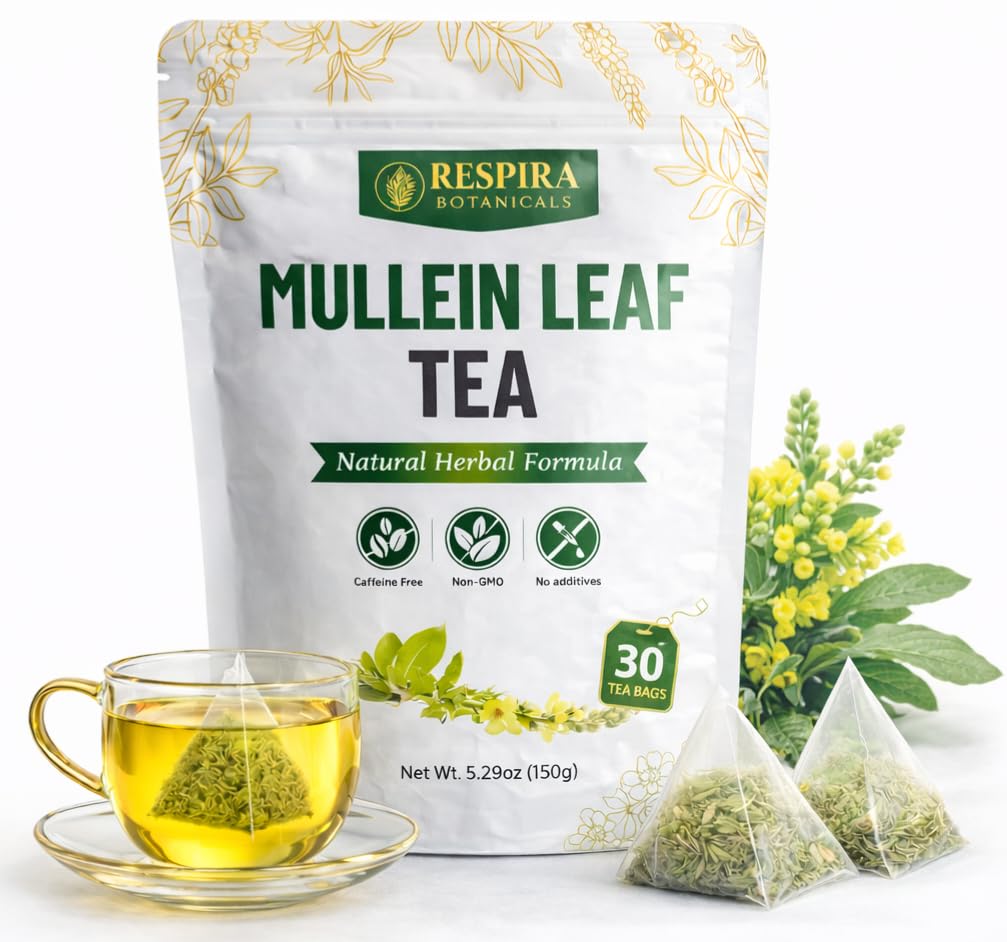 Respira Botanicals mullein tea bags packaging highlights plastic-free, planet-friendly design.