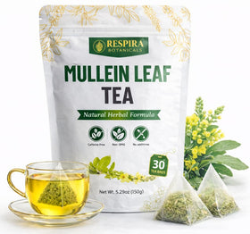 Respira Botanicals mullein tea bags packaging highlights plastic-free, planet-friendly design.
