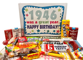 RETRO CANDY YUM 1946 birthday box front with nostalgic candy assortment.