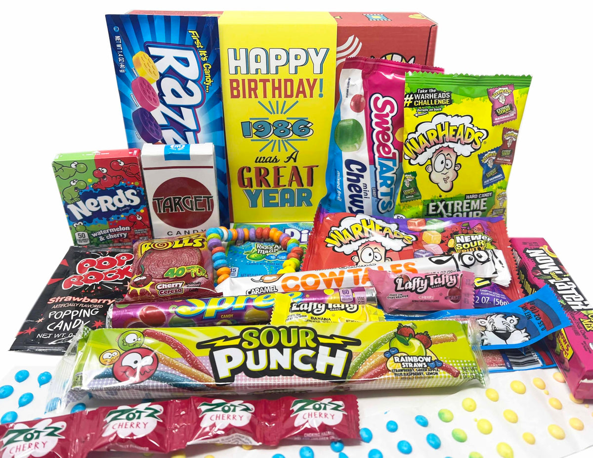 Retro Candy Yum 1986 box front view, a gift-ready nostalgia for birthdays.