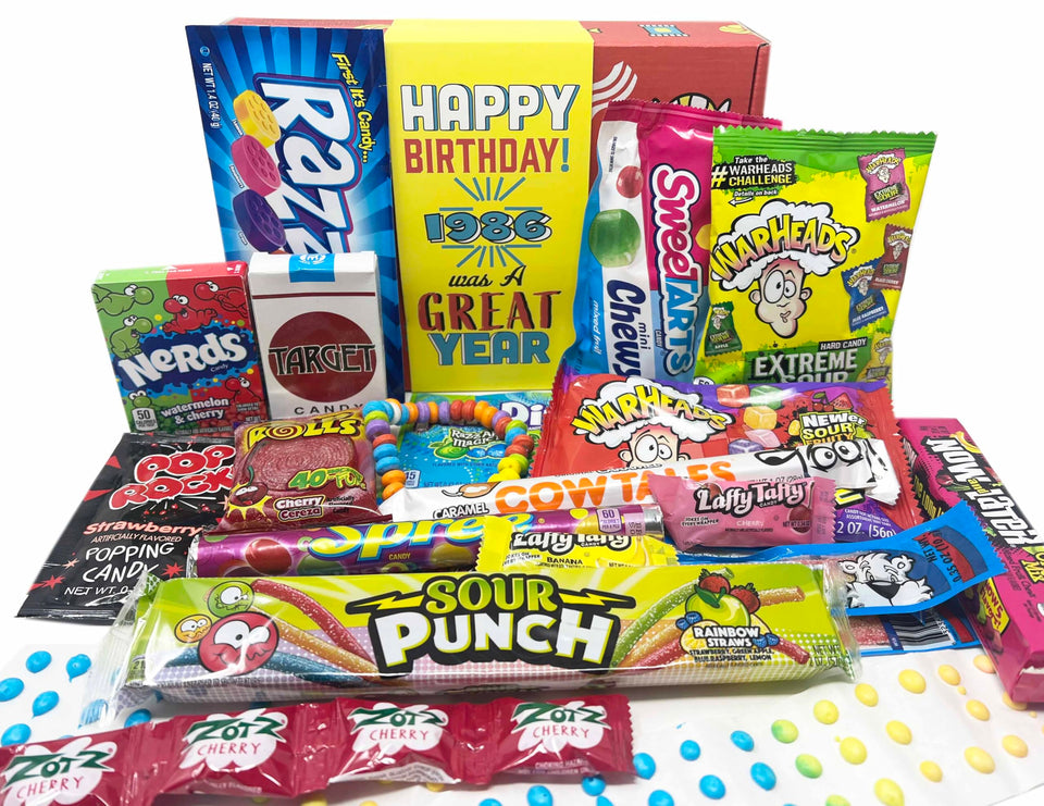 Retro Candy Yum 1986 box front view, a gift-ready nostalgia for birthdays.
