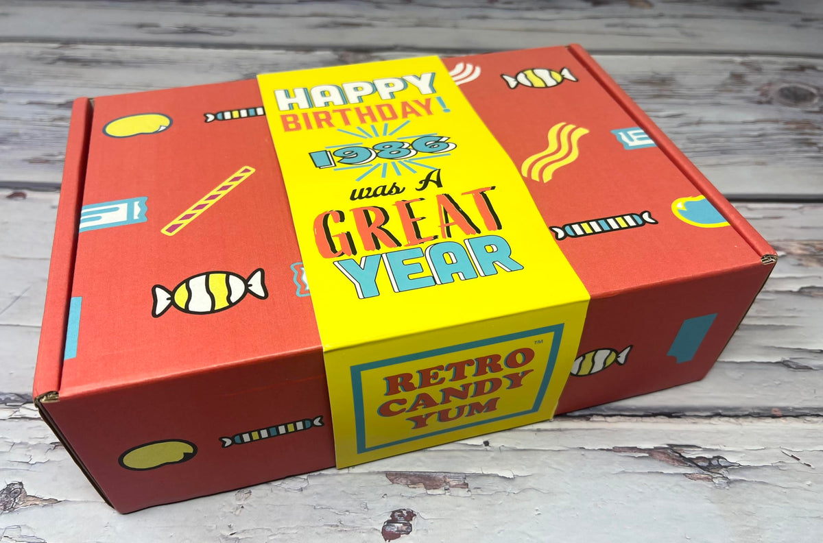 Retro Candy Yum 1986 gift box packaging, ready to gift for parties or desks.
