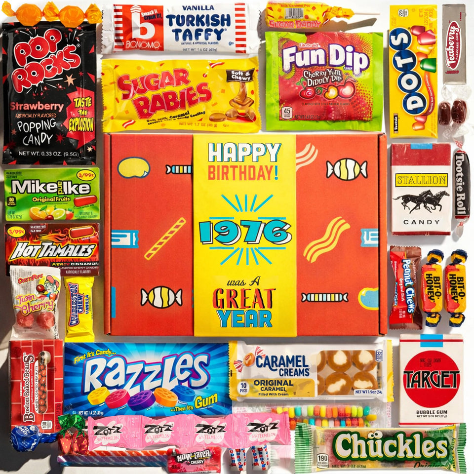 Retro Candy Yum 50th birthday box showcases nostalgic treats for a memorable milestone celebration.