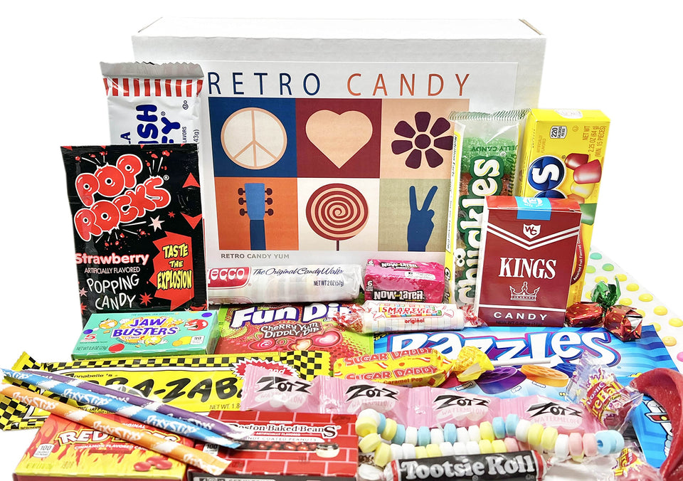 RETRO CANDY YUM care package box front view, ideal for gifting.