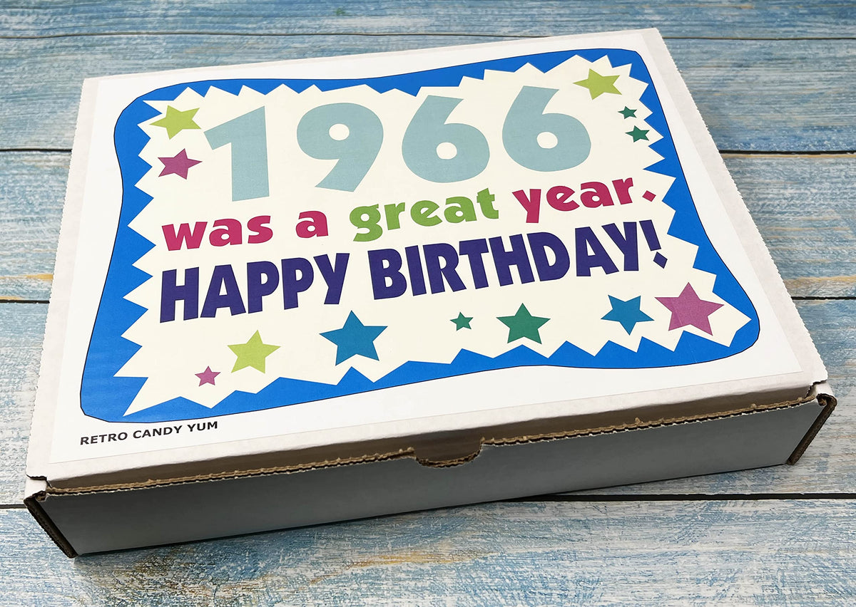 Retro Candy Yum gift box unwrapped, ready to delight a 1966-born friend or family member.