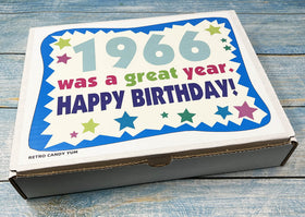 Retro Candy Yum gift box unwrapped, ready to delight a 1966-born friend or family member.