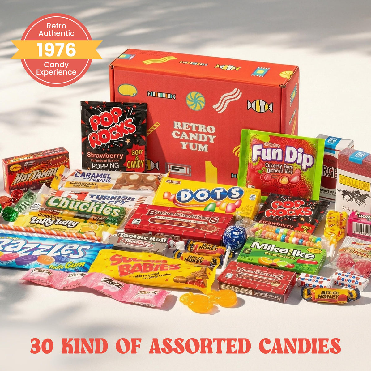 Retro Candy Yum shrink-wrapped gift box ready to give, minimizing wrapping time.