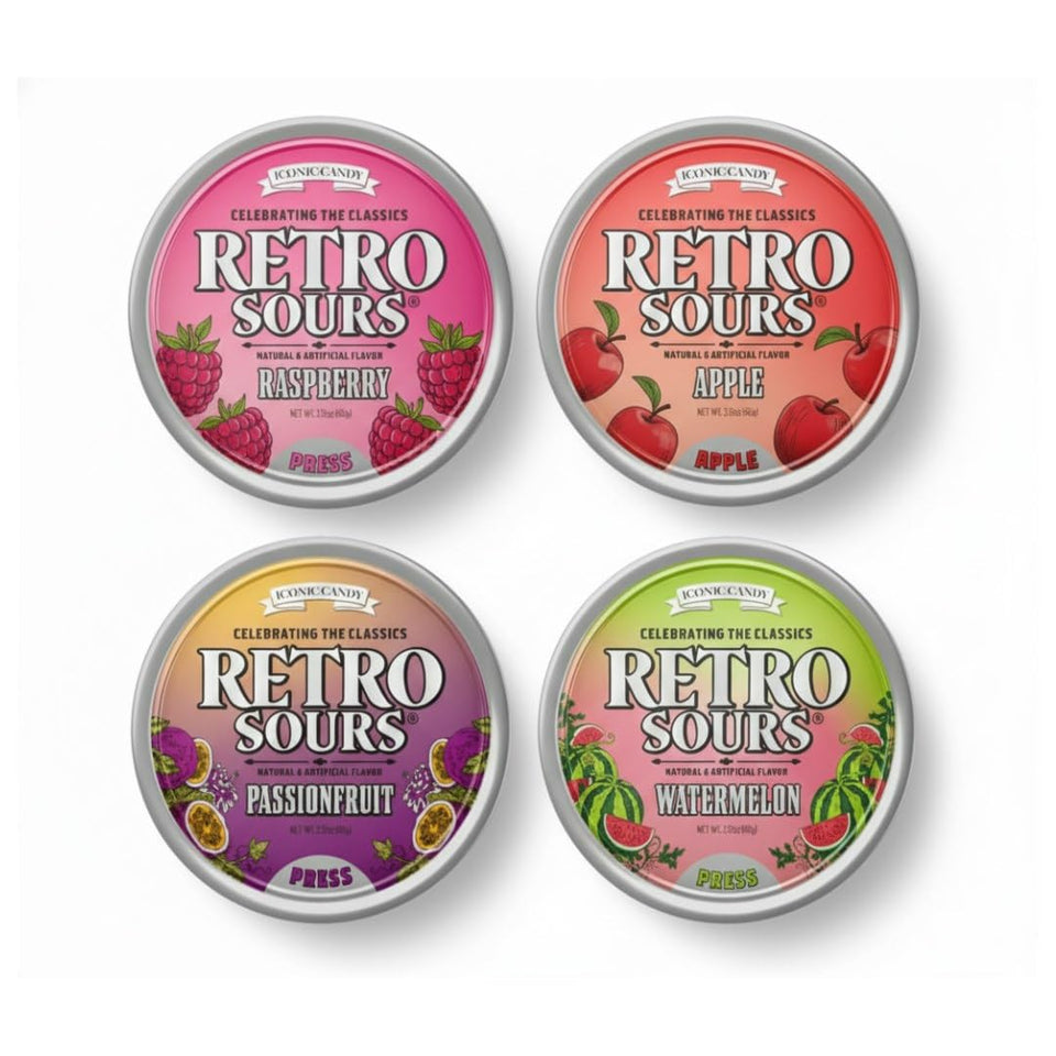 Retro Sours four-pack tin with Apple, Raspberry, Watermelon, and Passion Fruit flavors for on-the-go snacking