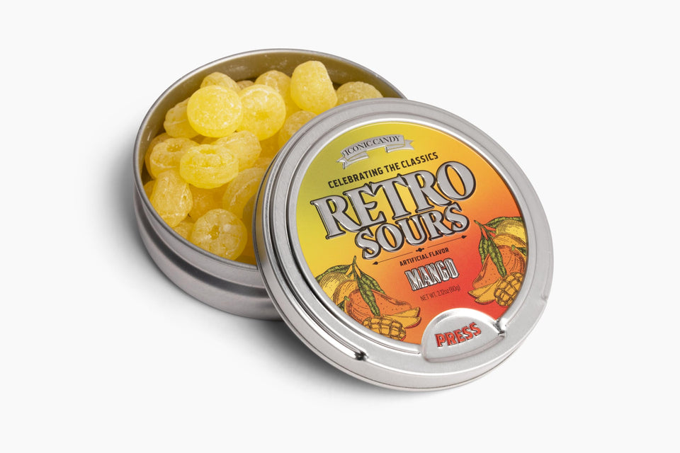 Retro Sours mango in a retro tin pack for collectible tangy flavor.
