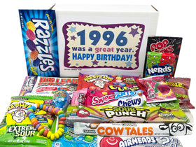 RETRO CANDY YUM gift basket front with nostalgic 1996 treats for a 30th birthday