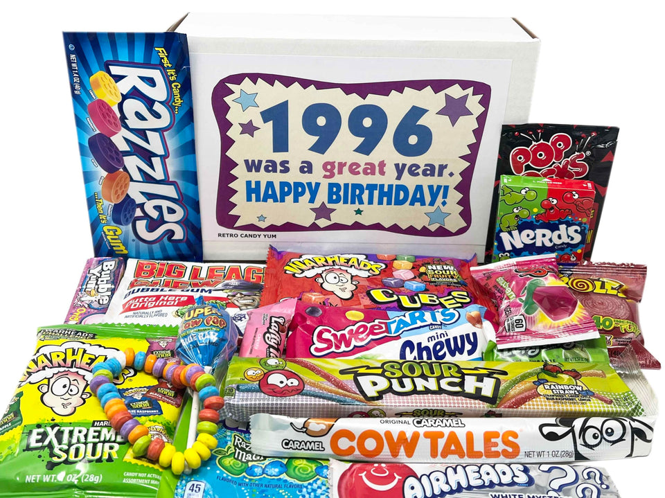 RETRO CANDY YUM gift basket front with nostalgic 1996 treats for a 30th birthday