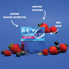 REV Electrolyte Gum Frost Berry keto-friendly, sugar-free snacking option.