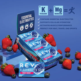 REV Electrolyte Gum Frost Berry ingredients close-up.