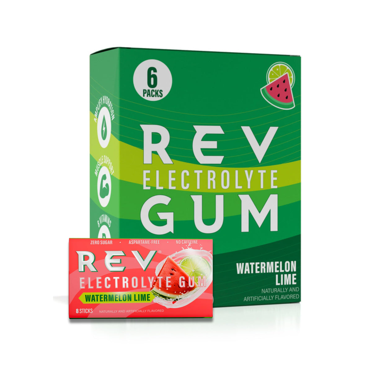 REV Electrolyte Gum watermelon lime package front, ideal for on-the-go hydration.