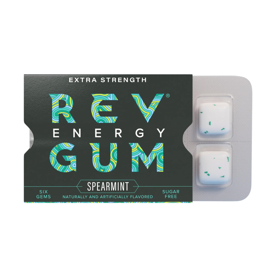 REV Gum caffeine energy gum pack shown for on-the-go energy and sustained alertness.