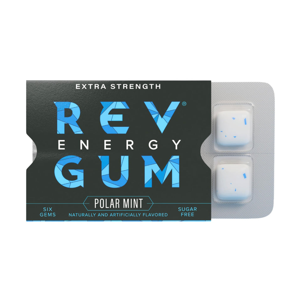REV Gum caffeine energy gum pack front, quick alertness without sugar.